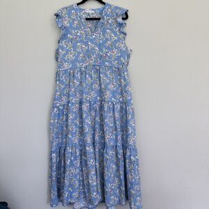 Mary Square Women's Blue Floral Maxi Dress XL Flutter Sleeve Pockets